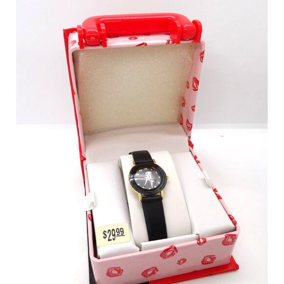 Betty Boop Watch Black Face with Gold Hands Black Band NEW - Picture 1 of 3